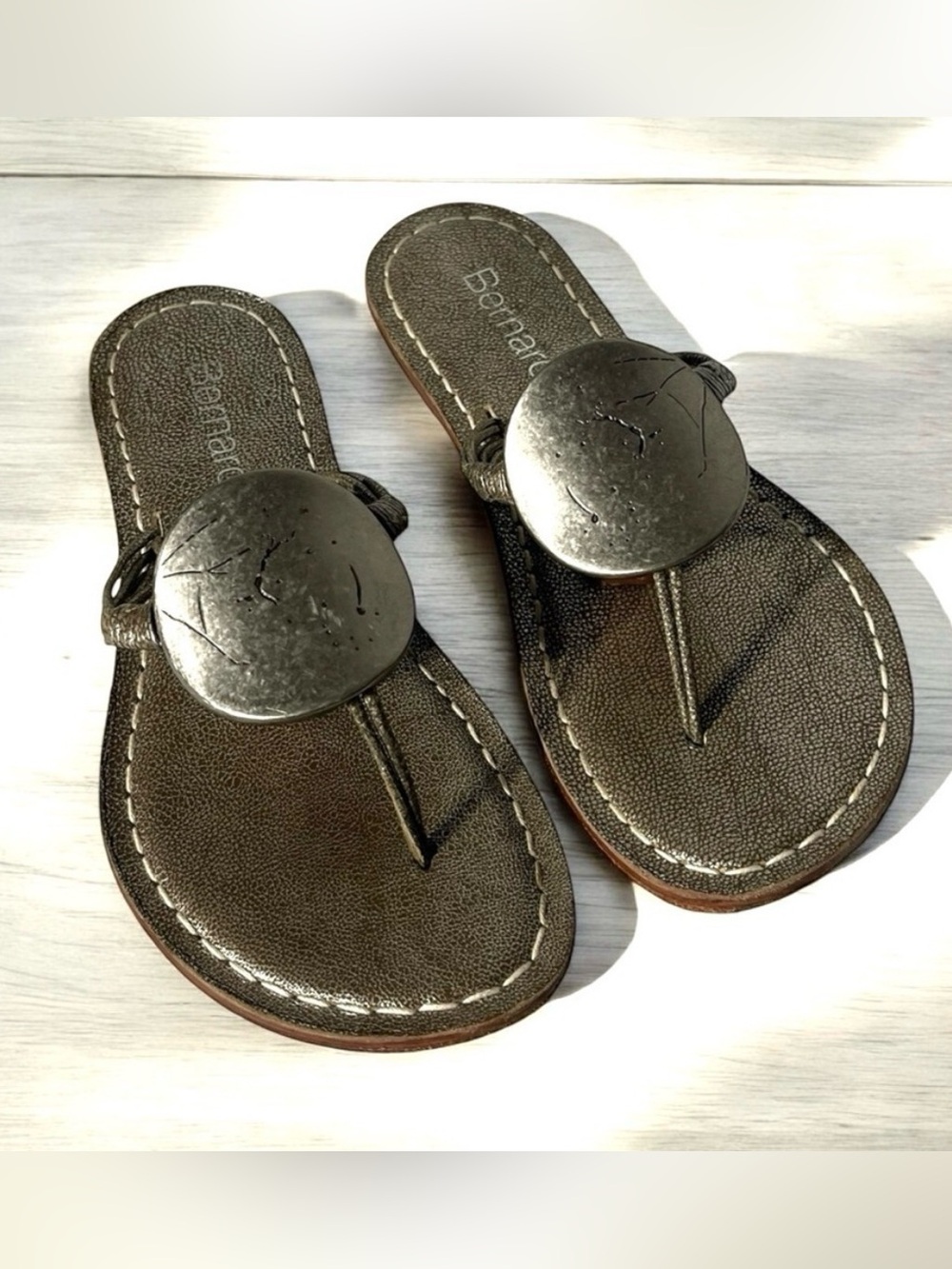 Bernardo Bronze / Silver Medallion Embellished Leather Thong Sandal - $198